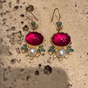 Gold and Pink Gemstone Earrings with Pearl and Turquoise Accents